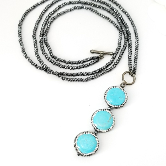 Turquoise Crystals Hematite Choker Necklace - Picture 12 of 13